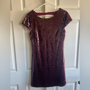 Skies Are Blue Burgundy Sequin Open Back Dress